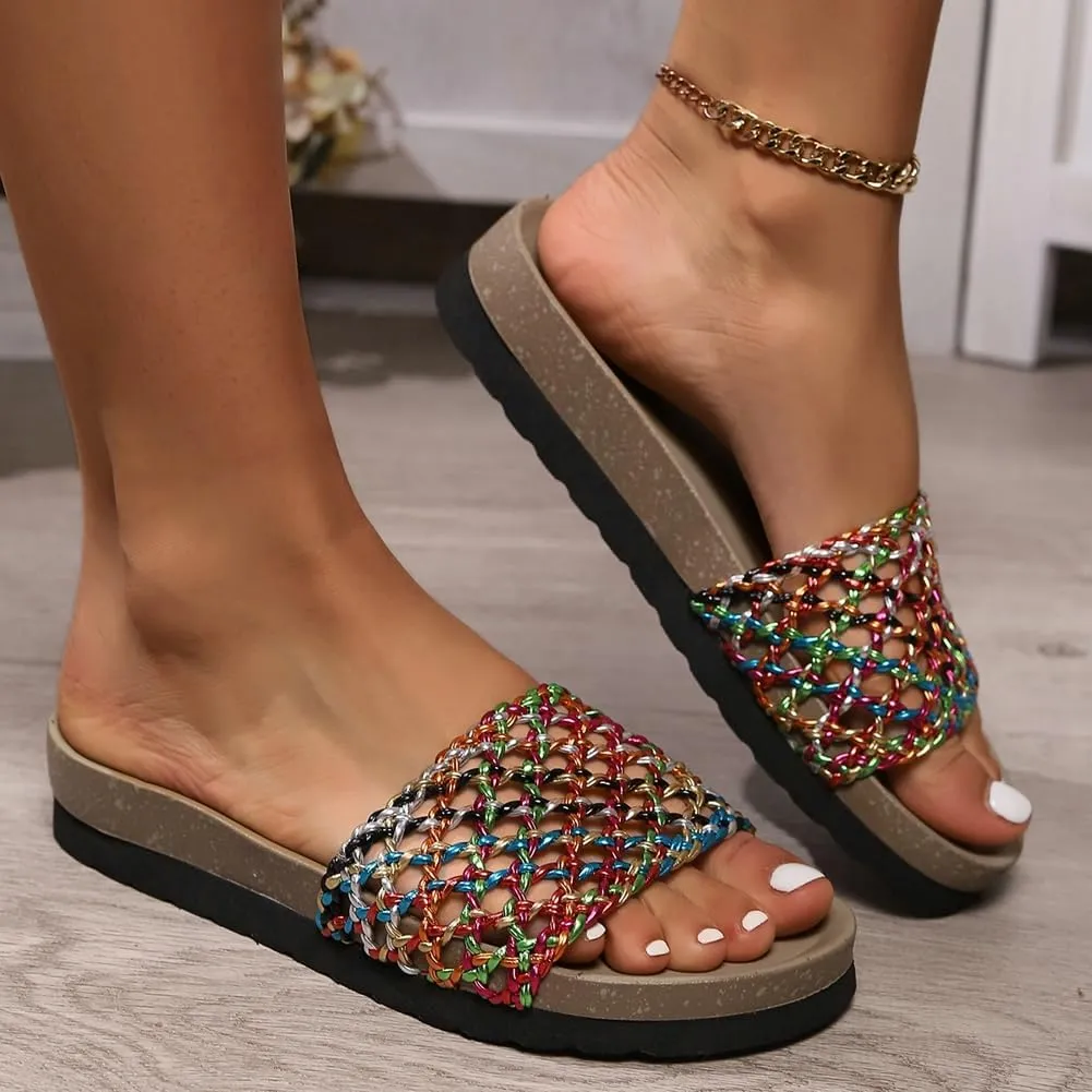 Women's Hollow Out Braided Slide Sandal Open Round Toe Flip Flops sandals Casual Outdoor Walking Beach Shoes
