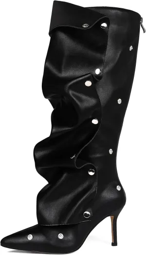 women's Knee High Boots Stiletto Boots Pointed Toe Heels knee high boots wide calf Detachable Snap-off Buttons Slouchy Boot