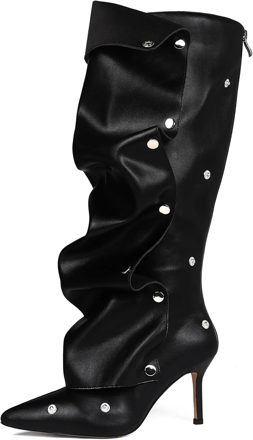 women's Knee High Boots Stiletto Boots Pointed Toe Heels knee high boots wide calf Detachable Snap-off Buttons Slouchy Boot