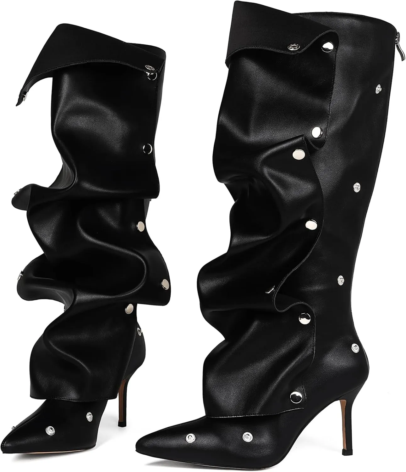 women's Knee High Boots Stiletto Boots Pointed Toe Heels knee high boots wide calf Detachable Snap-off Buttons Slouchy Boot