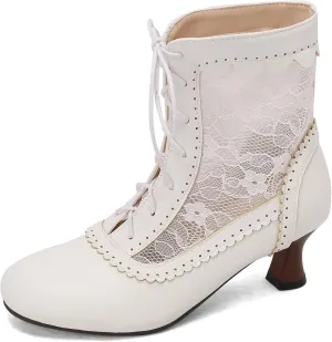 Women's Lace Victorian Boots Wingtips Brogues Lace-up Mesh Net Short Ankle Booties Vintage Kitten Heels Wedding Bridal Boots Witch Costume Bootie