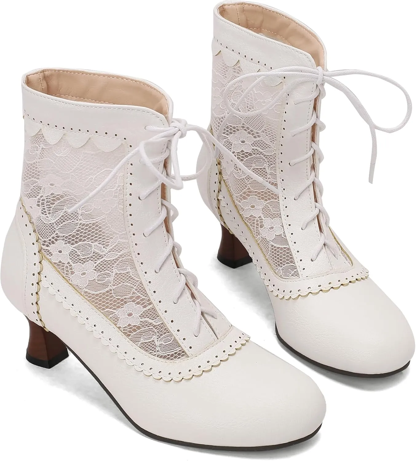 Women's Lace Victorian Boots Wingtips Brogues Lace-up Mesh Net Short Ankle Booties Vintage Kitten Heels Wedding Bridal Boots Witch Costume Bootie