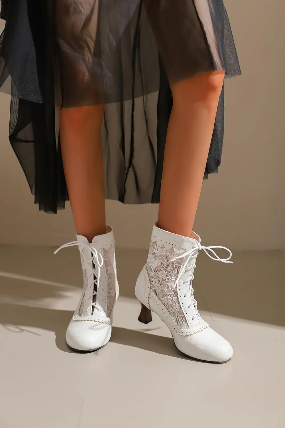 Women's Lace Victorian Boots Wingtips Brogues Lace-up Mesh Net Short Ankle Booties Vintage Kitten Heels Wedding Bridal Boots Witch Costume Bootie