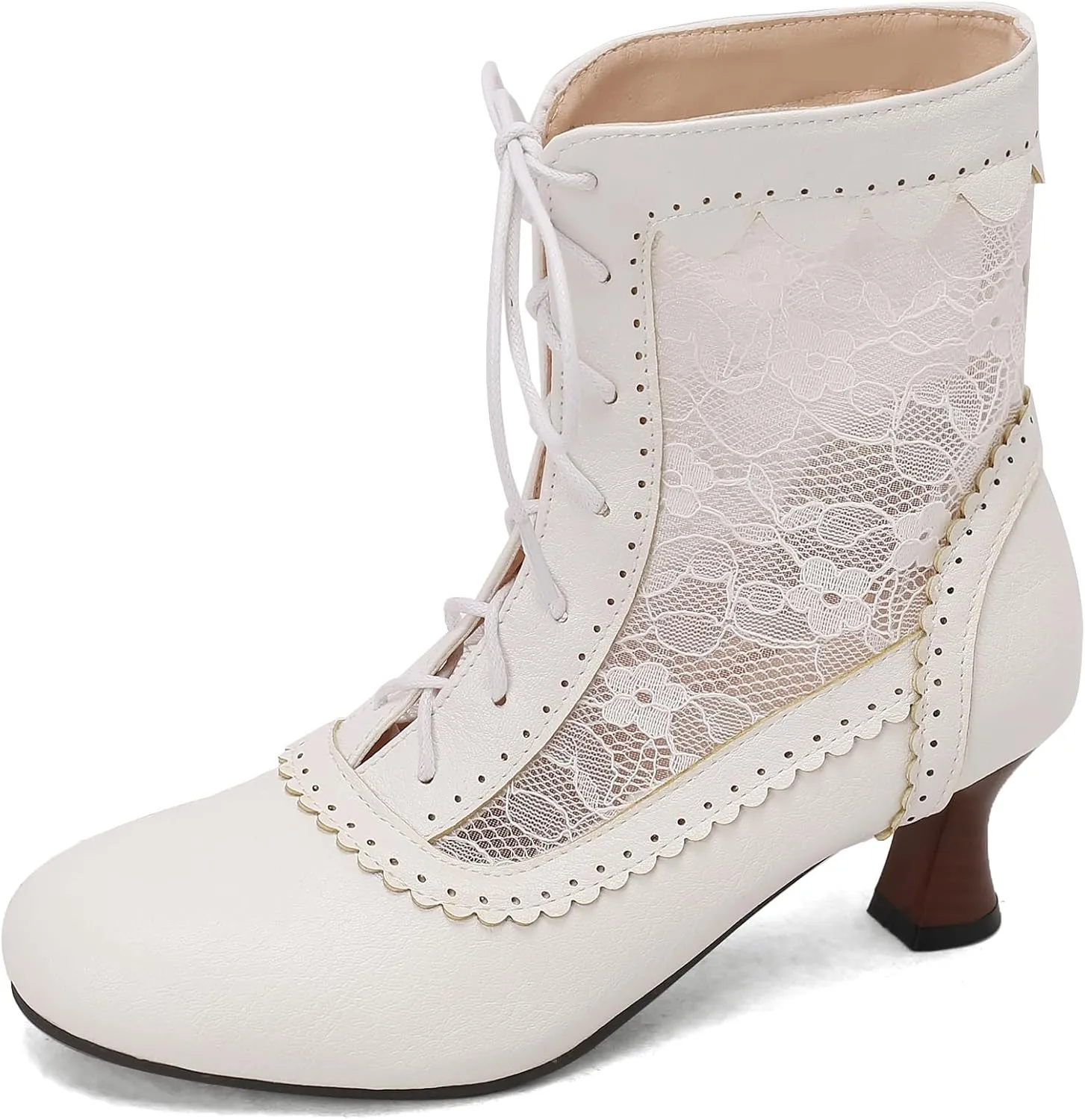 Women's Lace Victorian Boots Wingtips Brogues Lace-up Mesh Net Short Ankle Booties Vintage Kitten Heels Wedding Bridal Boots Witch Costume Bootie