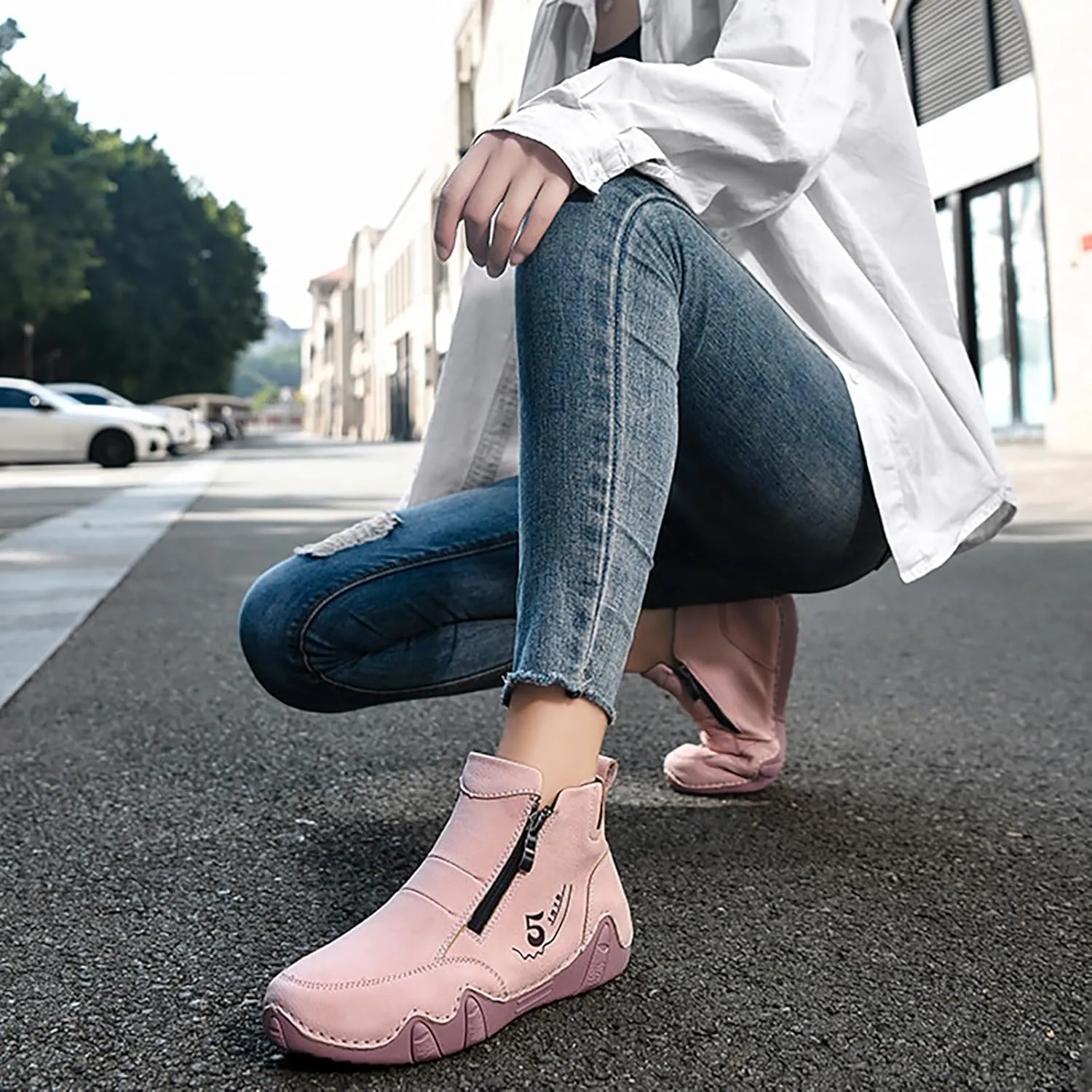 Women'S Leather Handmade Sneaker Ankle Boots Double side zippers Casual Lightweight Outdoor Walking Shoes For Hiking Camping Driving