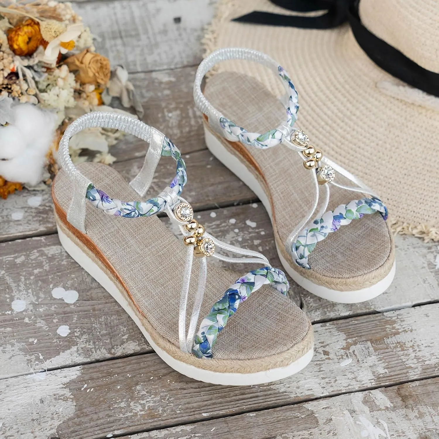 Womens Low Wedge Heels Sandals Shoes,Wide Width Platform Wedge Sandals for Women Summer Dressy,Comfort Walking Non Slip Casual Summer Beach Sandals Ankle Elastic Bohemian Woven Sandals