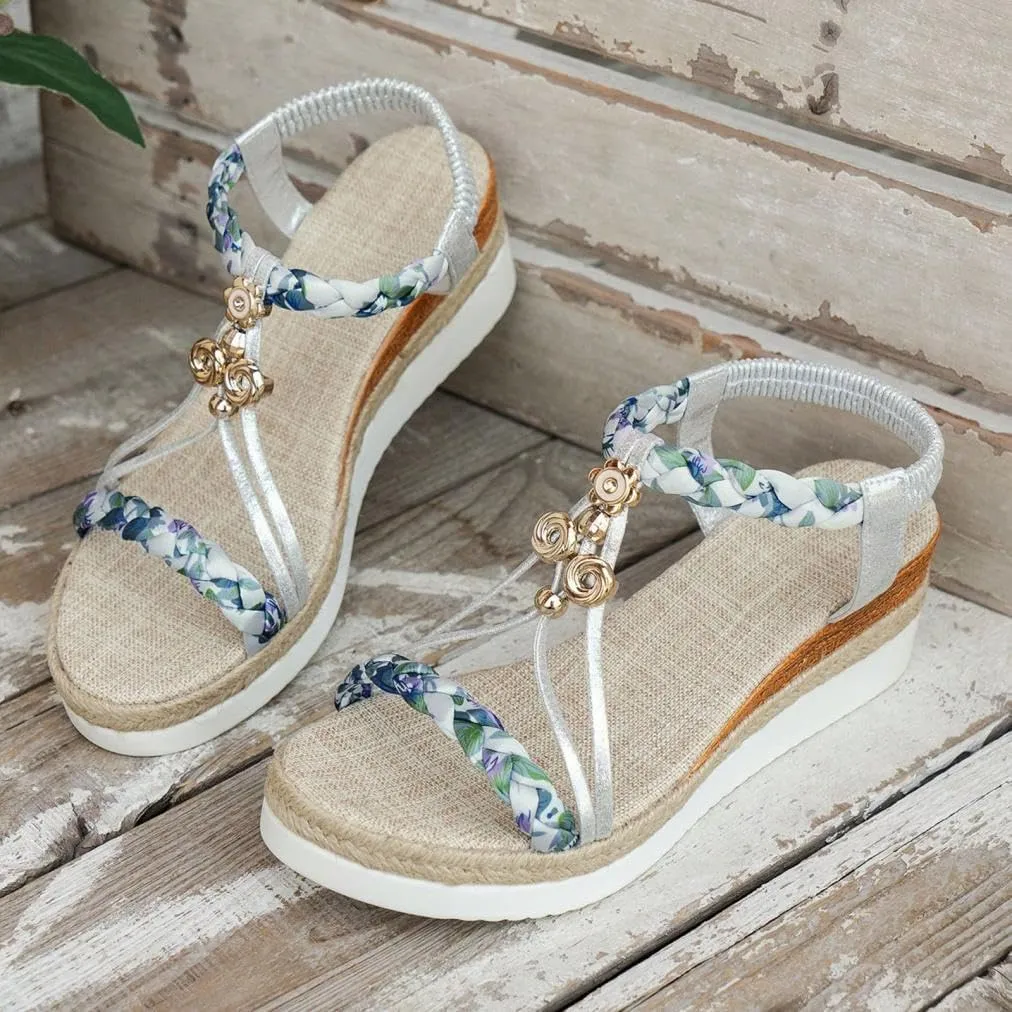 Womens Low Wedge Heels Sandals Shoes,Wide Width Platform Wedge Sandals for Women Summer Dressy,Comfort Walking Non Slip Casual Summer Beach Sandals Ankle Elastic Bohemian Woven Sandals