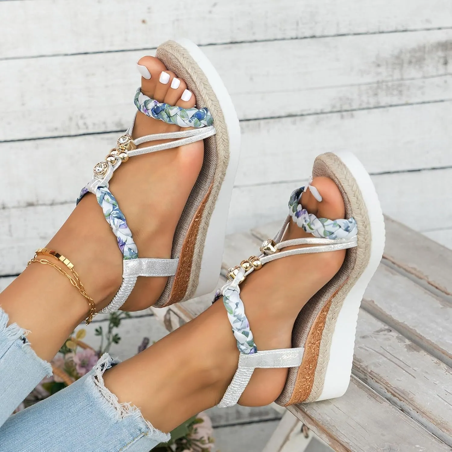 Womens Low Wedge Heels Sandals Shoes,Wide Width Platform Wedge Sandals for Women Summer Dressy,Comfort Walking Non Slip Casual Summer Beach Sandals Ankle Elastic Bohemian Woven Sandals