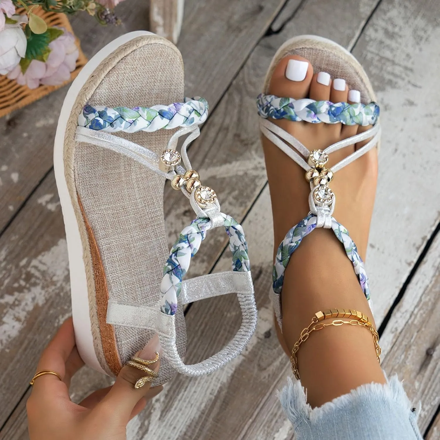 Womens Low Wedge Heels Sandals Shoes,Wide Width Platform Wedge Sandals for Women Summer Dressy,Comfort Walking Non Slip Casual Summer Beach Sandals Ankle Elastic Bohemian Woven Sandals