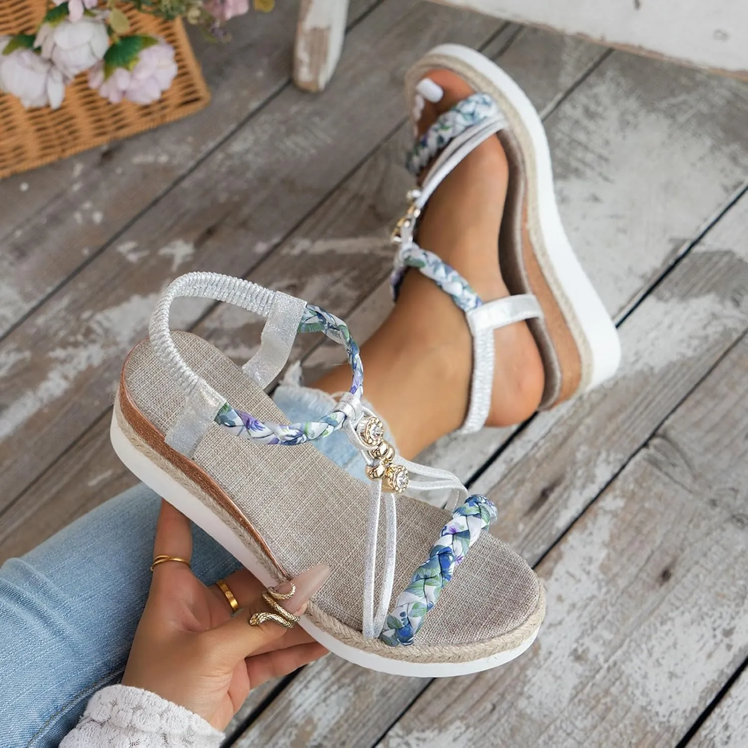 Womens Low Wedge Heels Sandals Shoes,Wide Width Platform Wedge Sandals for Women Summer Dressy,Comfort Walking Non Slip Casual Summer Beach Sandals Ankle Elastic Bohemian Woven Sandals