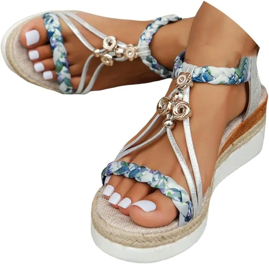 Womens Low Wedge Heels Sandals Shoes,Wide Width Platform Wedge Sandals for Women Summer Dressy,Comfort Walking Non Slip Casual Summer Beach Sandals Ankle Elastic Bohemian Woven Sandals