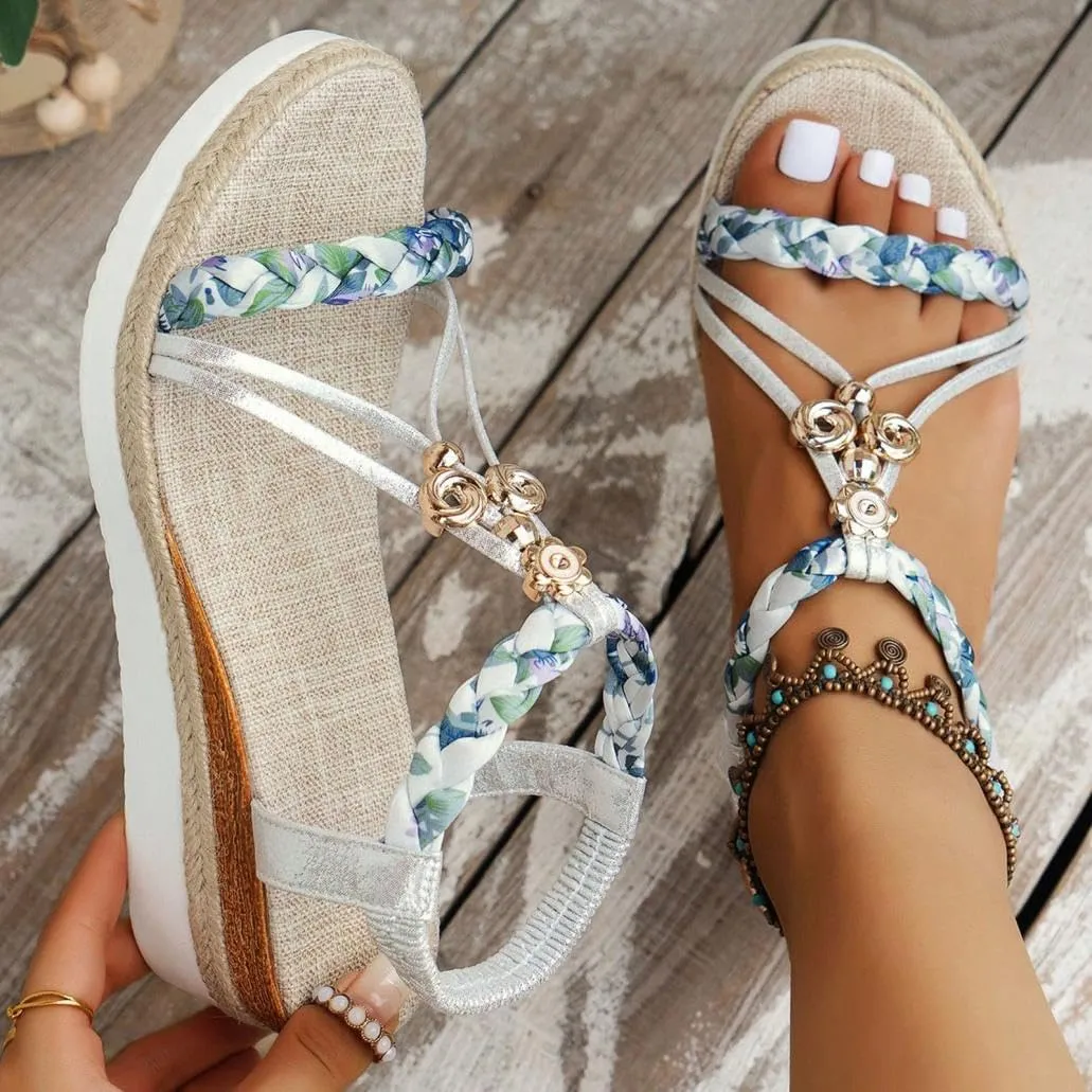Womens Low Wedge Heels Sandals Shoes,Wide Width Platform Wedge Sandals for Women Summer Dressy,Comfort Walking Non Slip Casual Summer Beach Sandals Ankle Elastic Bohemian Woven Sandals