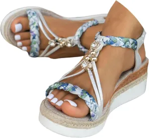 Womens Low Wedge Heels Sandals Shoes,Wide Width Platform Wedge Sandals for Women Summer Dressy,Comfort Walking Non Slip Casual Summer Beach Sandals Ankle Elastic Bohemian Woven Sandals