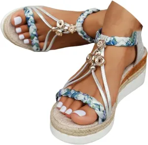 Womens Low Wedge Heels Sandals Shoes,Wide Width Platform Wedge Sandals for Women Summer Dressy,Comfort Walking Non Slip Casual Summer Beach Sandals Ankle Elastic Bohemian Woven Sandals