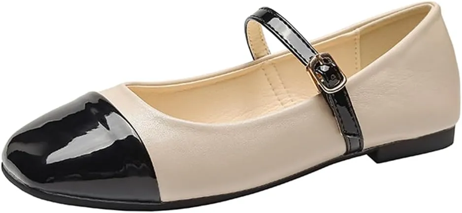 Women's Mary Jane Ballet Flats, Two-Tone Patent Cap Toe, Beige and Black