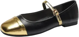 Women's Mary Jane Ballet Flats, Two-Tone Patent Cap Toe, Beige and Black