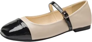 Women's Mary Jane Ballet Flats, Two-Tone Patent Cap Toe, Beige and Black