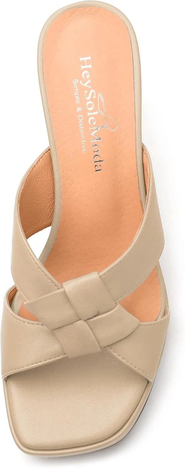 Womens Platform Sandals, Block High Heel Open Toe Slip-on Sandals for Women, Woven Straps Heeled Slippers with Leather Insole 3.3"