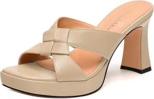 Womens Platform Sandals, Block High Heel Open Toe Slip-on Sandals for Women, Woven Straps Heeled Slippers with Leather Insole 3.3"
