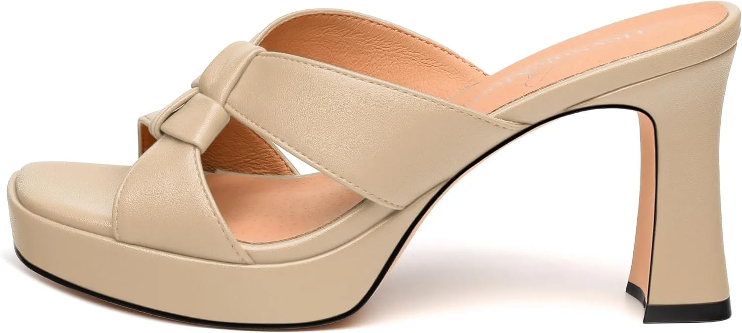 Womens Platform Sandals, Block High Heel Open Toe Slip-on Sandals for Women, Woven Straps Heeled Slippers with Leather Insole 3.3"