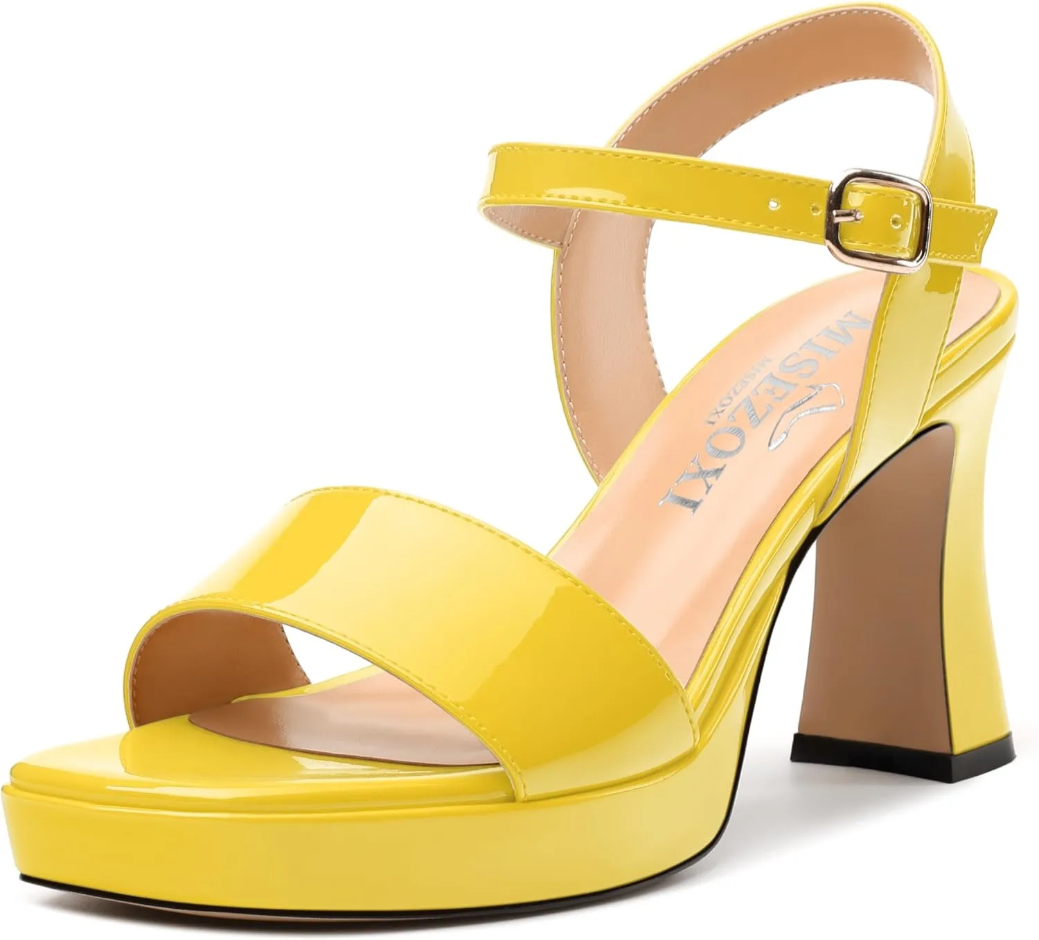 Womens Platform Sandals, Chunky High Heel Sqaure Teo Sandals, Open Toe Comfort Dress Sandals for Women, Ankle Strap Buckle Patent Sandals