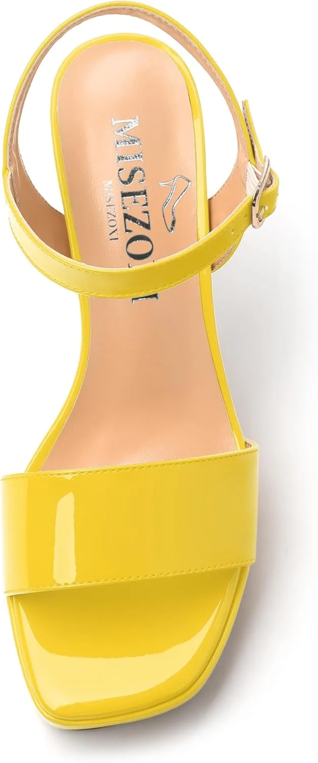 Womens Platform Sandals, Chunky High Heel Sqaure Teo Sandals, Open Toe Comfort Dress Sandals for Women, Ankle Strap Buckle Patent Sandals