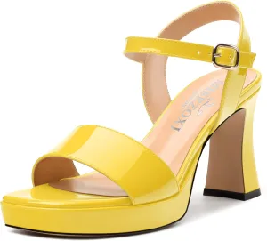 Womens Platform Sandals, Chunky High Heel Sqaure Teo Sandals, Open Toe Comfort Dress Sandals for Women, Ankle Strap Buckle Patent Sandals