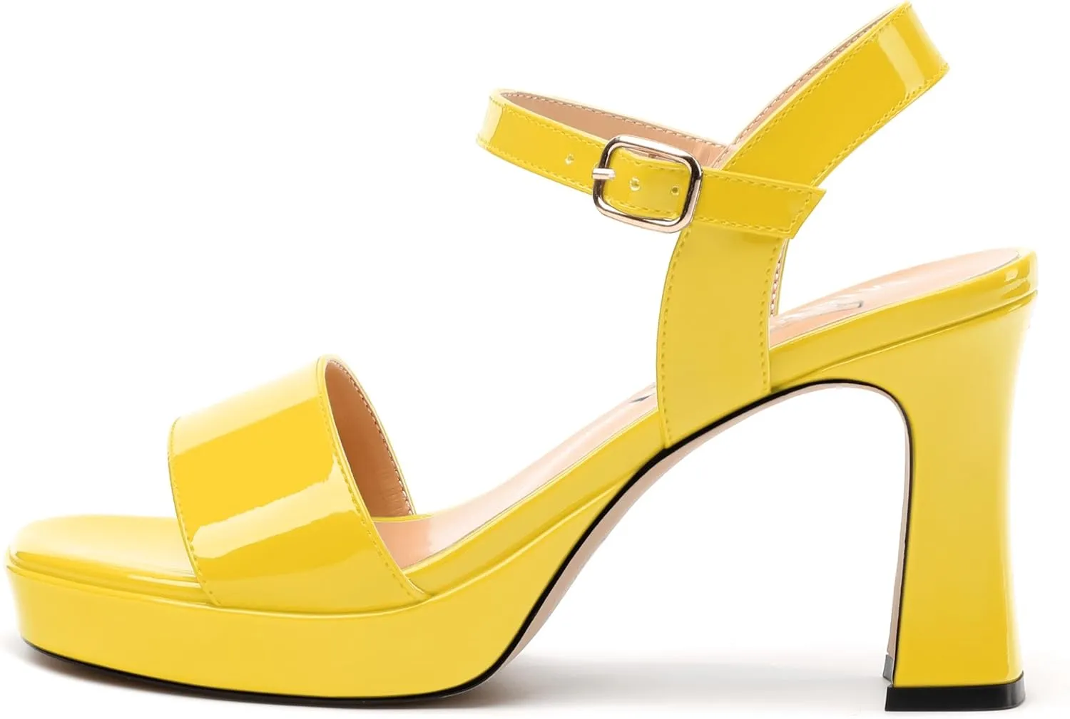 Womens Platform Sandals, Chunky High Heel Sqaure Teo Sandals, Open Toe Comfort Dress Sandals for Women, Ankle Strap Buckle Patent Sandals