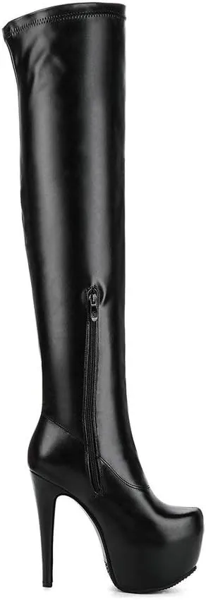 Womens Platform Thigh High Stiletto Heel Boots Round Toe Over The Knee Boots with Side Zipper