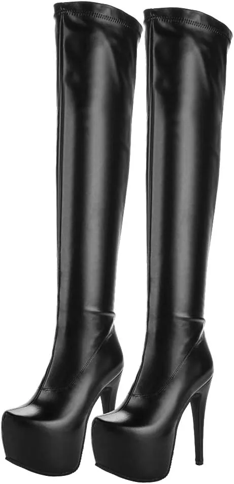 Womens Platform Thigh High Stiletto Heel Boots Round Toe Over The Knee Boots with Side Zipper
