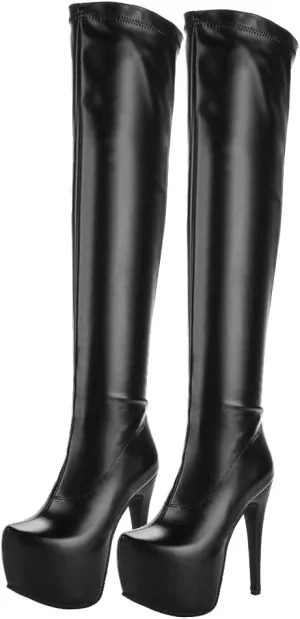 Womens Platform Thigh High Stiletto Heel Boots Round Toe Over The Knee Boots with Side Zipper