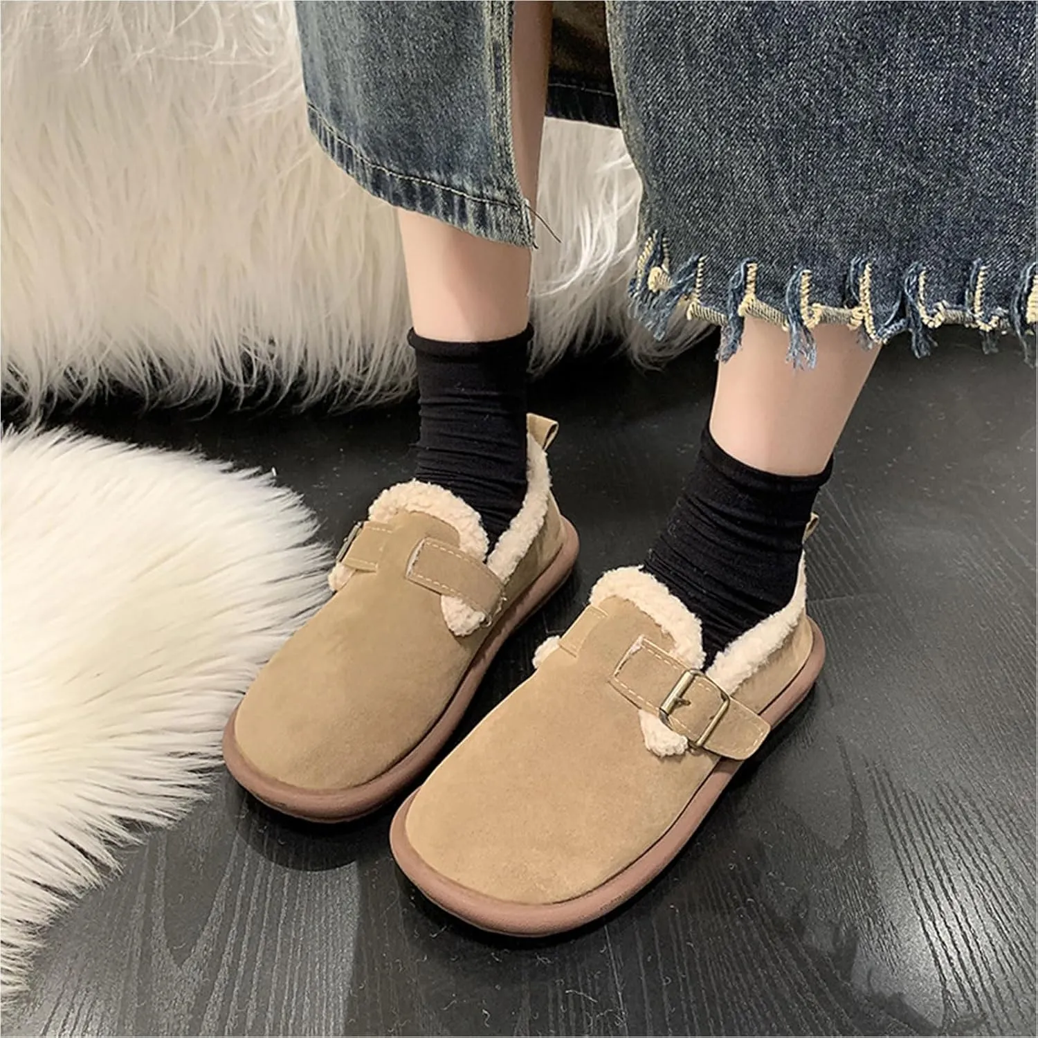 Women's Plush Round Toe Slip-On Shoes, Cotton Plush Short-Tube Flat Snow Boots, Warm Durable Shoes Casual Fashion