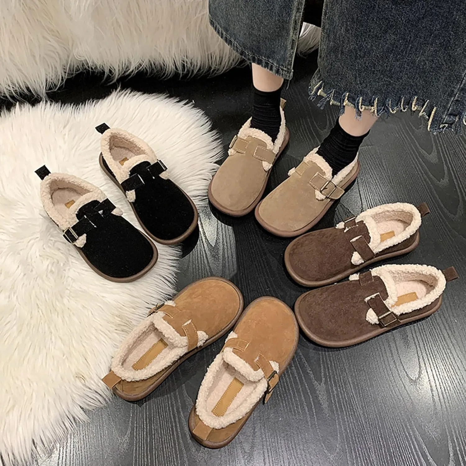 Women's Plush Round Toe Slip-On Shoes, Cotton Plush Short-Tube Flat Snow Boots, Warm Durable Shoes Casual Fashion
