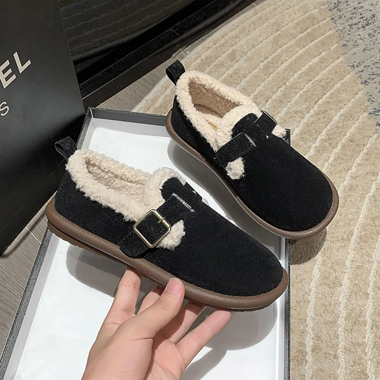 Women's Plush Round Toe Slip-On Shoes, Cotton Plush Short-Tube Flat Snow Boots, Warm Durable Shoes Casual Fashion