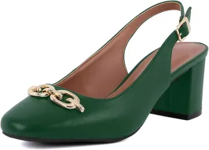 Women's Round Toe Chunky Heel Slingback Heels 2.3 Inch Chunky Mid Heels with Metal Buckle Dress Pumps Shoes for Wedding Work Evening
