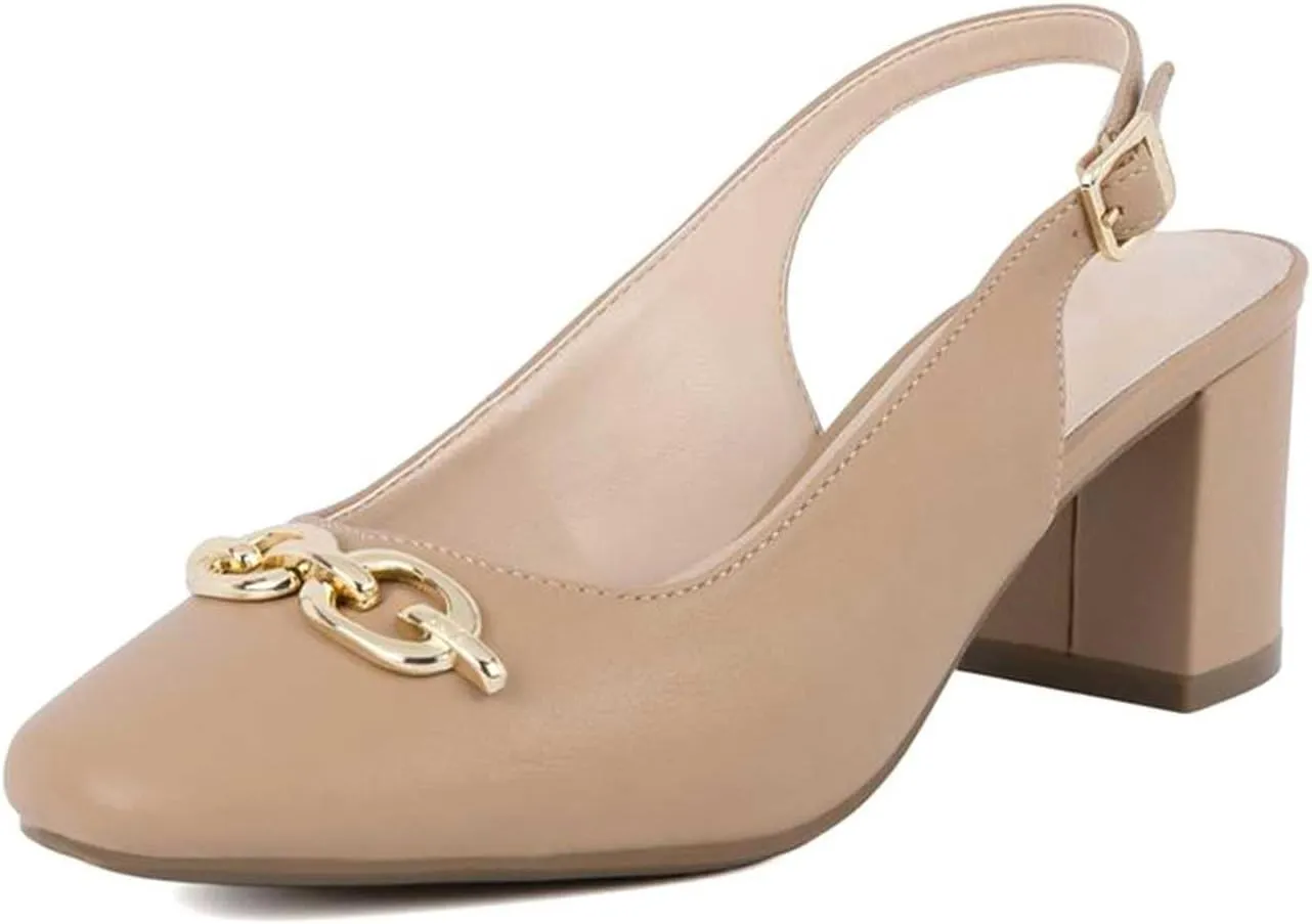 Women's Round Toe Chunky Heel Slingback Heels 2.3 Inch Chunky Mid Heels with Metal Buckle Dress Pumps Shoes for Wedding Work Evening