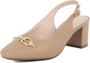 Women's Round Toe Chunky Heel Slingback Heels 2.3 Inch Chunky Mid Heels with Metal Buckle Dress Pumps Shoes for Wedding Work Evening