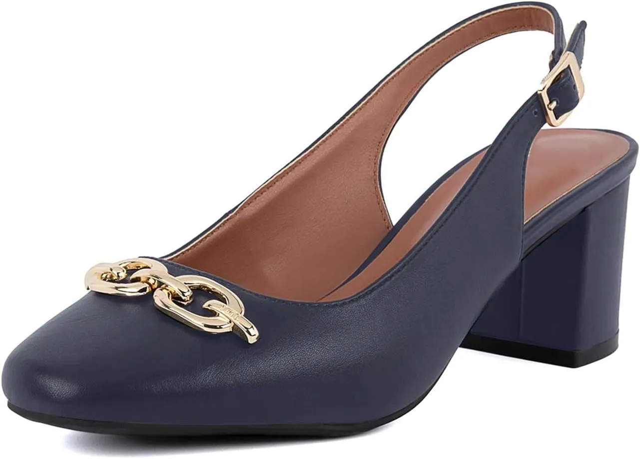 Women's Round Toe Chunky Heel Slingback Heels 2.3 Inch Chunky Mid Heels with Metal Buckle Dress Pumps Shoes for Wedding Work Evening