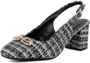 Women's Round Toe Chunky Heel Slingback Heels 2.3 Inch Chunky Mid Heels with Metal Buckle Dress Pumps Shoes for Wedding Work Evening