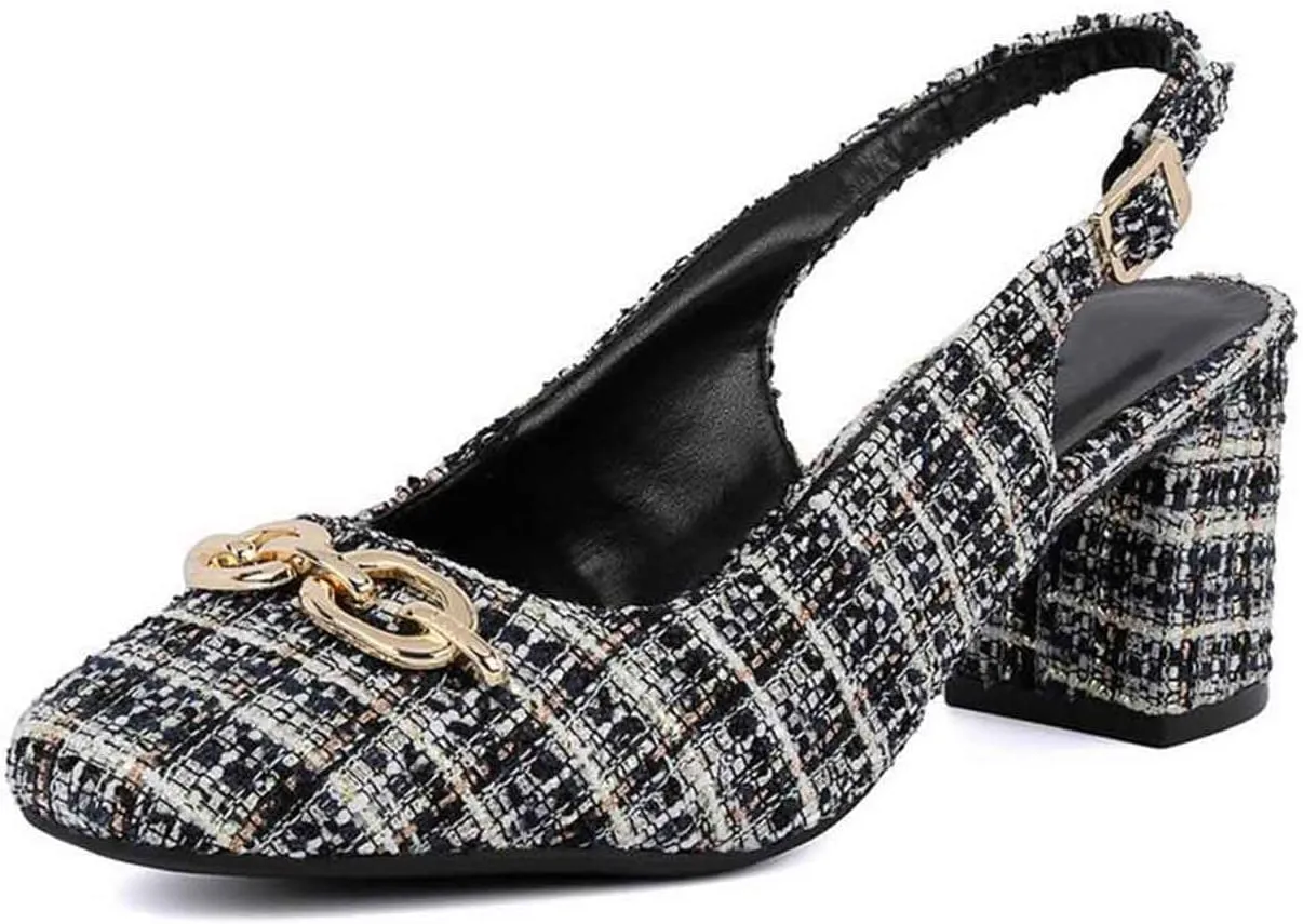 Women's Round Toe Chunky Heel Slingback Heels 2.3 Inch Chunky Mid Heels with Metal Buckle Dress Pumps Shoes for Wedding Work Evening