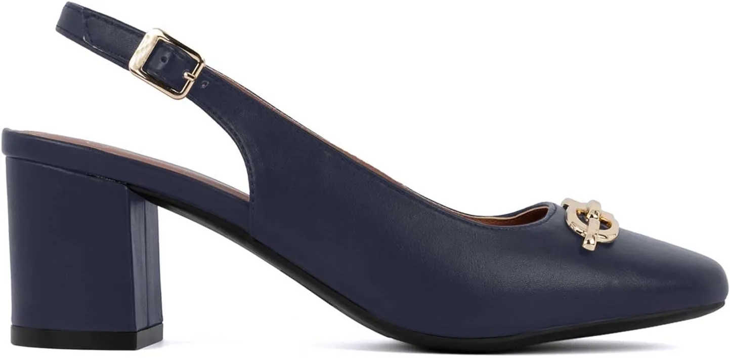 Women's Round Toe Chunky Heel Slingback Heels 2.3 Inch Chunky Mid Heels with Metal Buckle Dress Pumps Shoes for Wedding Work Evening