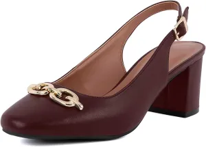 Women's Round Toe Chunky Heel Slingback Heels 2.3 Inch Chunky Mid Heels with Metal Buckle Dress Pumps Shoes for Wedding Work Evening