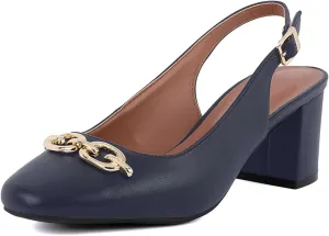 Women's Round Toe Chunky Heel Slingback Heels 2.3 Inch Chunky Mid Heels with Metal Buckle Dress Pumps Shoes for Wedding Work Evening