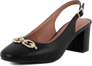 Women's Round Toe Chunky Heel Slingback Heels 2.3 Inch Chunky Mid Heels with Metal Buckle Dress Pumps Shoes for Wedding Work Evening