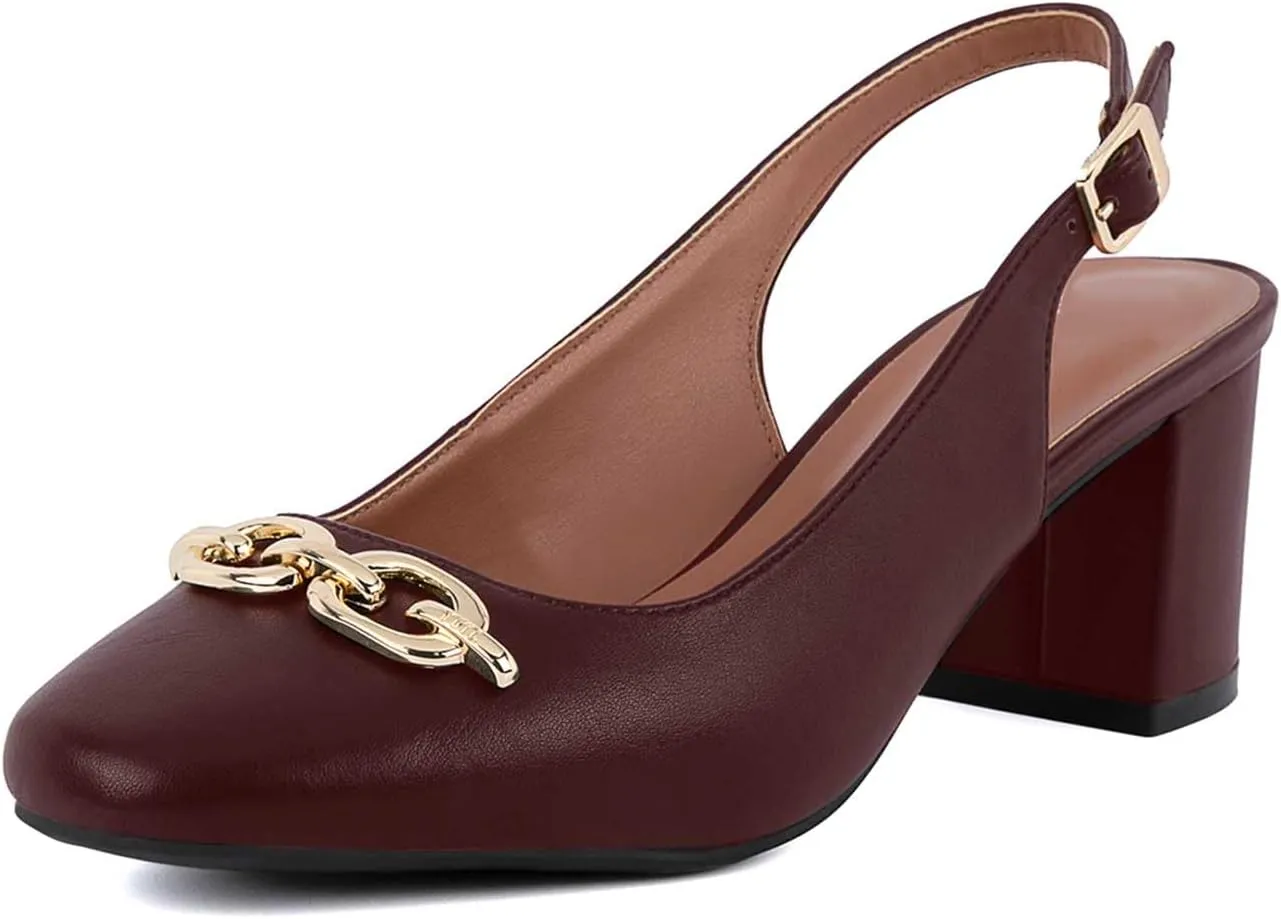 Women's Round Toe Chunky Heel Slingback Heels 2.3 Inch Chunky Mid Heels with Metal Buckle Dress Pumps Shoes for Wedding Work Evening
