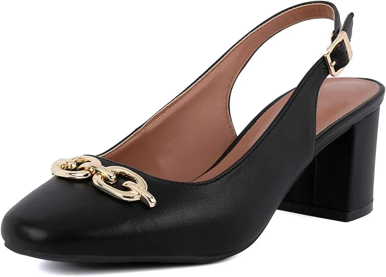 Women's Round Toe Chunky Heel Slingback Heels 2.3 Inch Chunky Mid Heels with Metal Buckle Dress Pumps Shoes for Wedding Work Evening