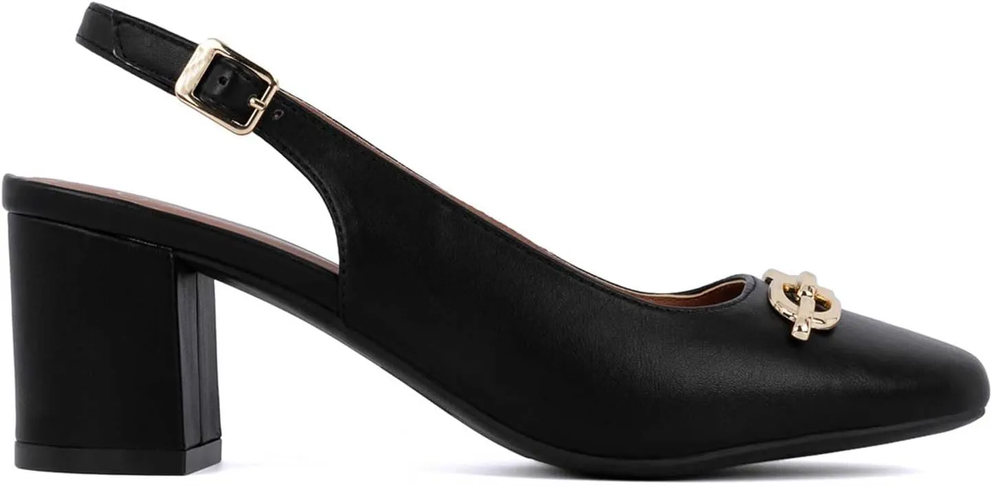 Women's Round Toe Chunky Heel Slingback Heels 2.3 Inch Chunky Mid Heels with Metal Buckle Dress Pumps Shoes for Wedding Work Evening