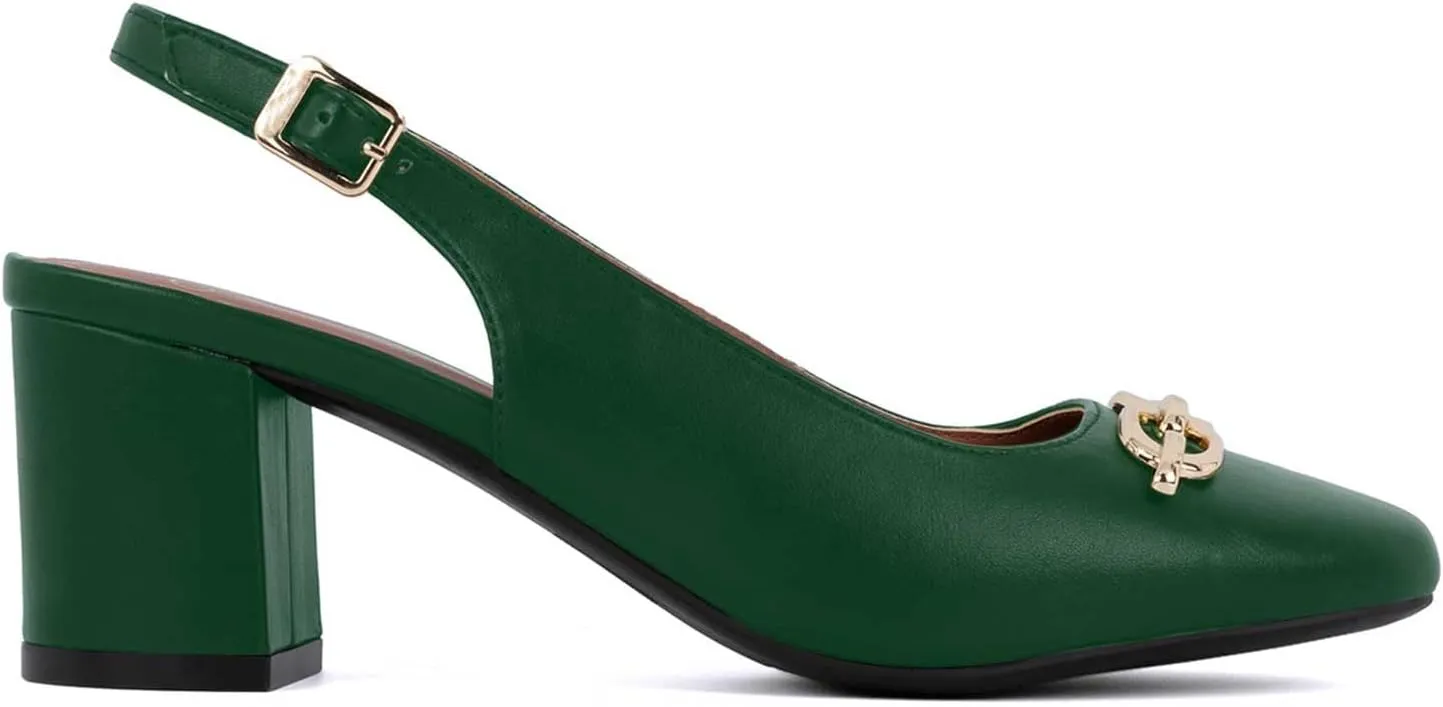 Women's Round Toe Chunky Heel Slingback Heels 2.3 Inch Chunky Mid Heels with Metal Buckle Dress Pumps Shoes for Wedding Work Evening