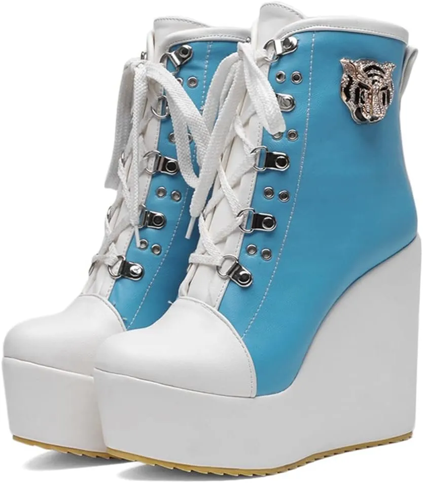 Women's Round Toe Wedge Platform Dress Ankle Boots Lace Up Chunky High Heels Dressy Short Booties