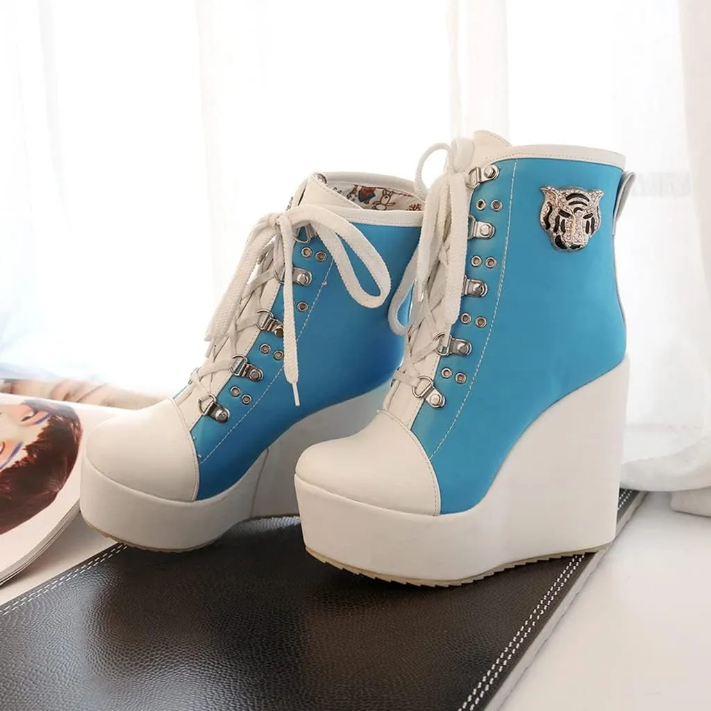 Women's Round Toe Wedge Platform Dress Ankle Boots Lace Up Chunky High Heels Dressy Short Booties